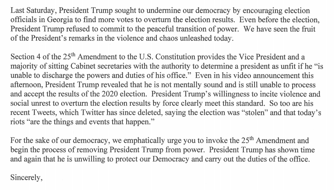 GregTSargent's tweet image. NEW:
All the Democrats on the House Judiciary Committee just wrote a letter to Vice President Pence, urging him to invoke the 25th Amendment to remove Trump: