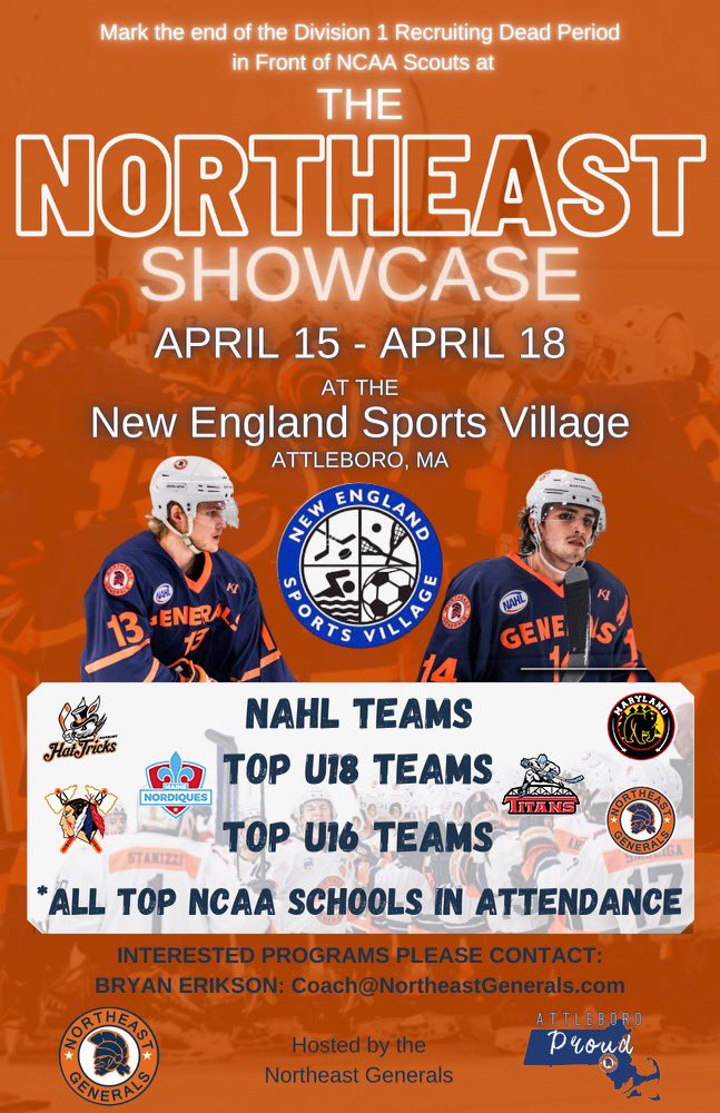 negenerals's tweet photo. The @negenerals, the @NEsportsvillage and the @NAHLHockey East Division are excited to announce we will be hosting the Northeast Showcase in conjunction with the top 16U/18U teams to mark the end of the NCAA D1 Dead Period (Covid depending). Info: coach@northeastgenerals.com https://t.co/uSOOUsGAg9