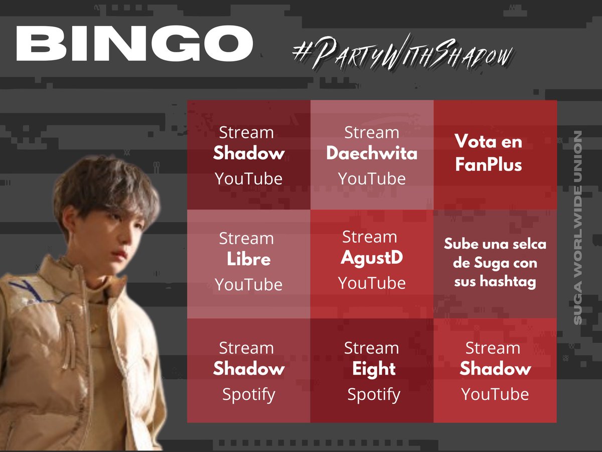 MinSugaPeru's tweet photo. ✨#PartyWithShadow✨
ARMY como primera dinámica de cierre usaremos el BINGO.
Compartan sus capturas + su cartilla marcada con lo realizado 💜
🔗https://t.co/RRv2mgMZHE
🔗https://t.co/7KUIRDoRQa
@BTS_twt #SUGA https://t.co/6QI9pVh1F1
