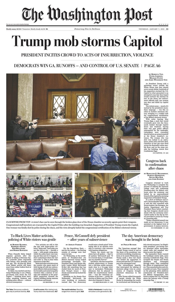 These are the newspapers’ front pages following the insurrection at the Capitol on Jan. 6, 2021. Please send me the ones that I’m missing. I’ll add more as they become available.1/