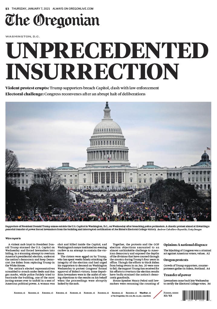 These are the newspapers’ front pages following the insurrection at the Capitol on Jan. 6, 2021. Please send me the ones that I’m missing. I’ll add more as they become available.1/