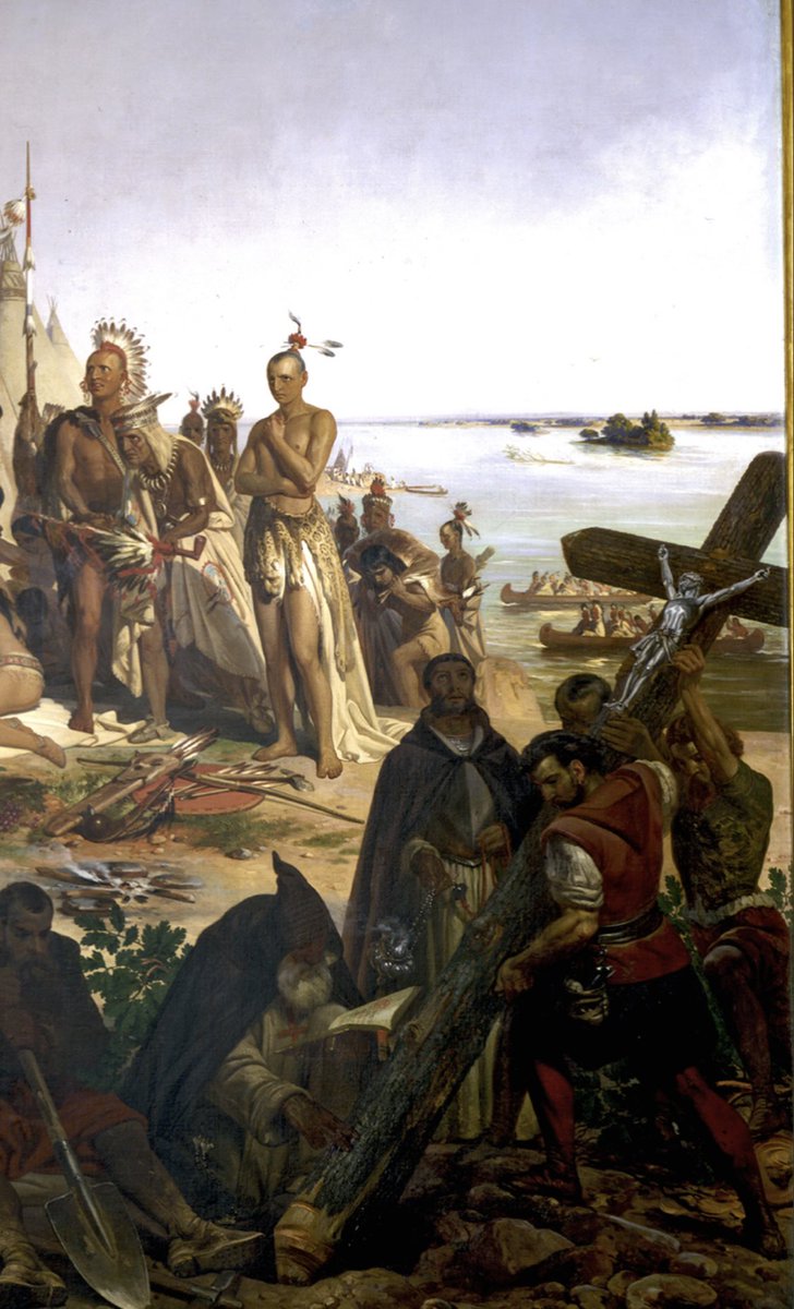 Yatikafields's tweet photo. These are the fabricated narratives &amp; imagery that erase Indigenous Identities and truths, current. De Soto and his men of 700, were searching for Gold and Riches, empire expansion and Spanish colonization as depicted here as a savior or ruler https://t.co/YRKpZsxX9j