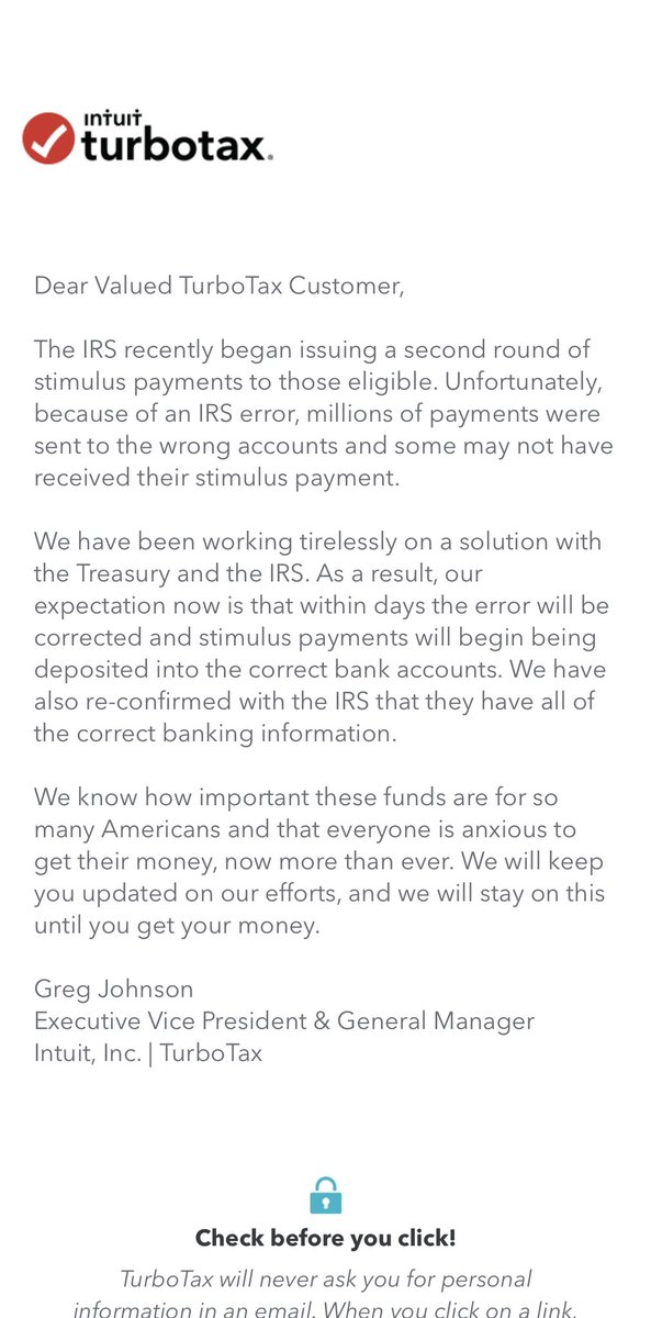 jaybobaggin's tweet photo. @turbotax Just got this email from TurboTax - I filed with them last year and have not received my stimulus. But, this just came via email ❤️ https://t.co/0ps6tq1gfq