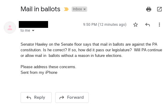 Elaijuh's tweet photo. Sharing this email I received tonight as an example of how the objections and speeches, even though they will not succeed in overturning the election, do have real impact in confusing people and continuing to damage public trust. https://t.co/wT5pAu52FZ
