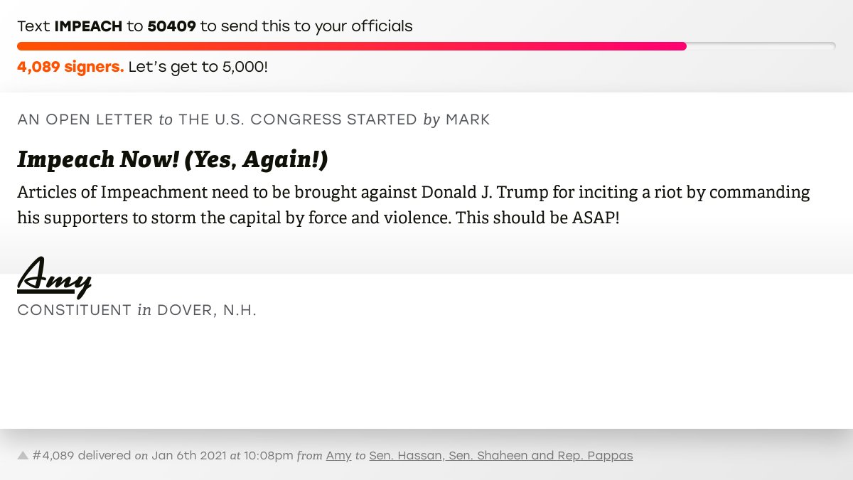openletterbot's tweet photo. 🖋 Sign “Impeach Now! (Yes, Again!)” and I’ll deliver a copy to your officials: https://t.co/A8H7dwH16e

📨 No. 4,089 is from Amy to @Senatorhassan, @SenatorShaheen and @RepChrisPappas #NH01 #NHpolitics #fitn https://t.co/5Yhol1JGra