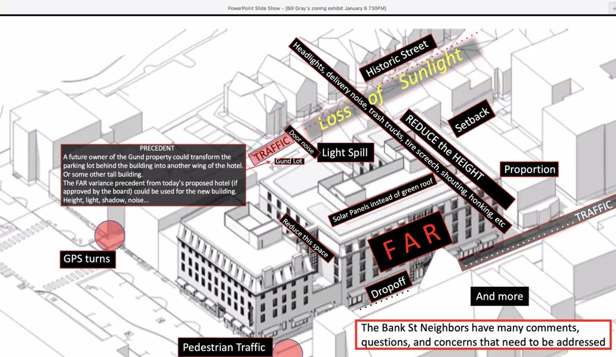 A Bank St neighbor just shared this weird Powerpoint  He is reiterating the Historic Preservation Commission report, which is a litany of NIMBY complaints. The proposed hotel is not in a historic district, but it is near one.