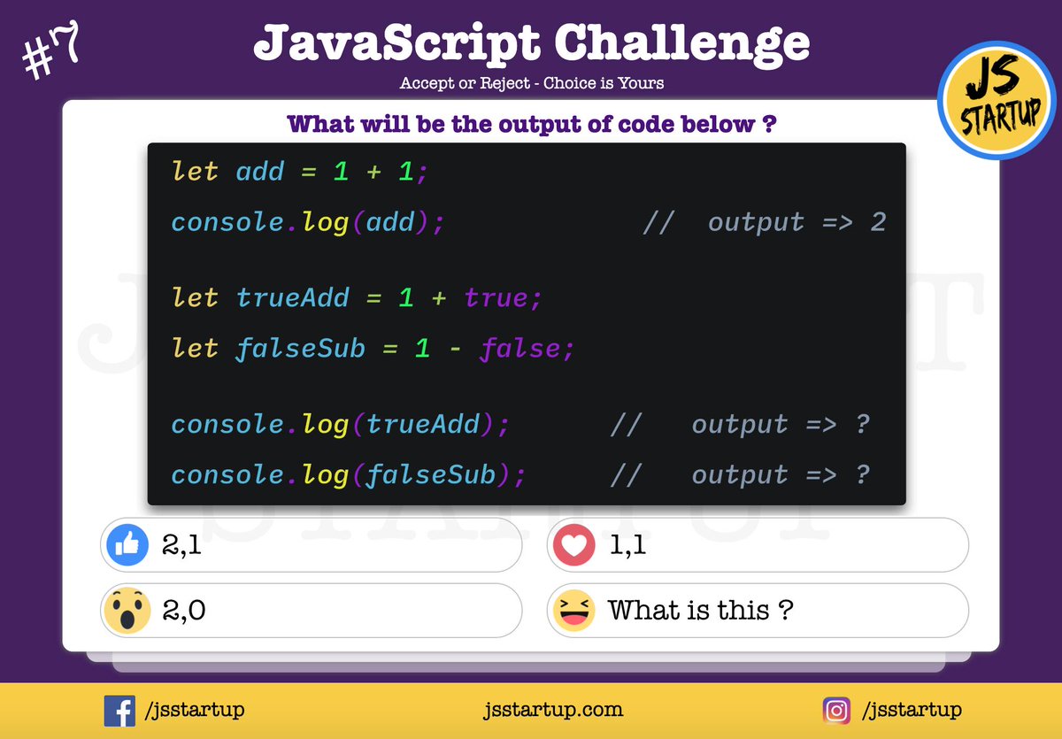 jsstartup's tweet photo. Hey folks, right or wrong who knows 😅 Day 7 #javascript #challenge because true or false represents the same coercion  😎 

Join Us - https://t.co/R4I5x0g5xt
 
🎉 JavaScript Quiz - `True/False Coercion` 🎊
 
#js #tips #tricks #100DaysOfCode #365DaysOfCode #quiz #jsstartup https://t.co/MT56uHTWys