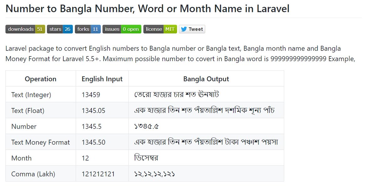 erakibulislam's tweet image. Get Bangla number/ word/ month name/ money formatted text/ comma-separated (Lakh, Crore) version of English number in Laravel.
github.com/RakibDevs/numb…
#laravel #laravelpackage #package #number #numbertoword #laraveldevelopment #laraveldeveloper #php #github