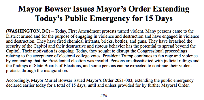 MSNOWNews's tweet photo. JUST IN: Washington, D.C., Mayor Bowser extends public emergency for 15 days, through the end of President Trump's time in office. https://t.co/n0T7boTys0