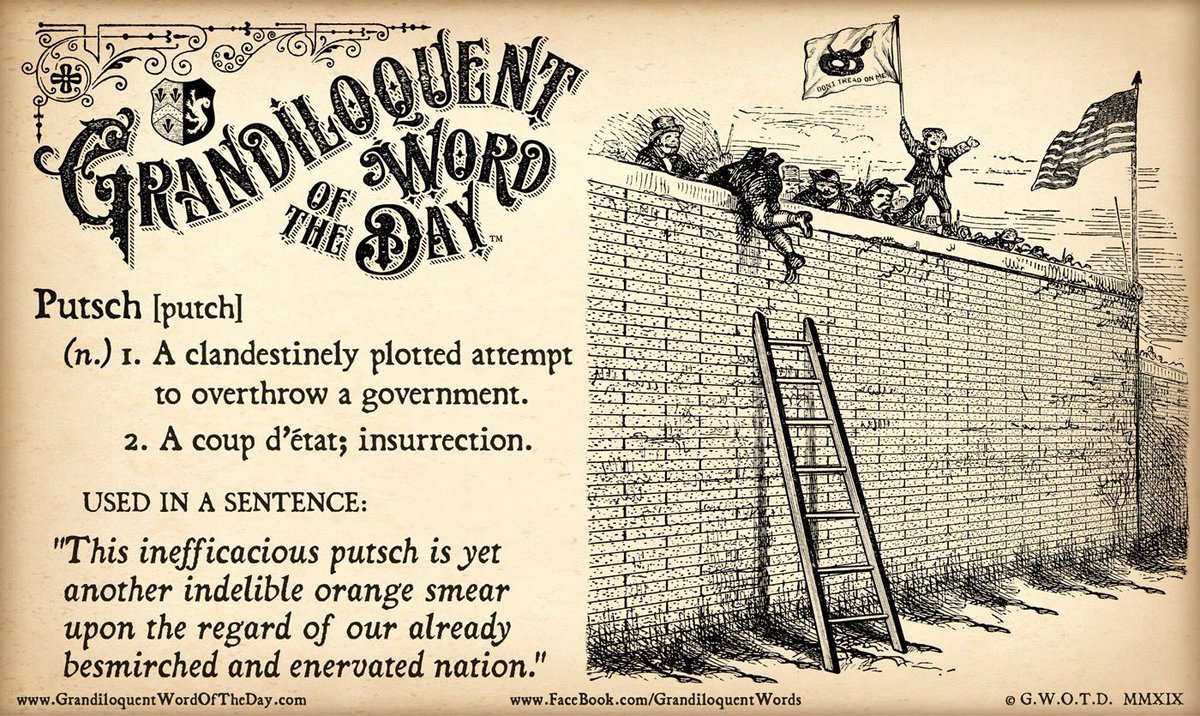 GrandiloquentWo's tweet photo. Putsch [putch]
(n.)
- A clandestinely plotted attempt to overthrow a government.
- A coup d’état; insurrection.

Used in a sentence:
“This inefficacious putsch is yet another indelible orange smear upon the regard of our already besmirched and enervated nation.” https://t.co/zBedy7fPLV