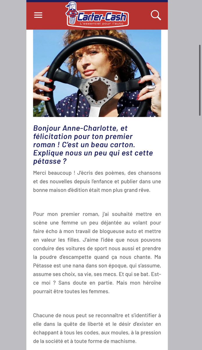 charlottevolant's tweet image. J’ai eu le plaisir d’être interviewée par @CarterCashAuto au sujet de mon roman « Journal d’une Petasse au volant » (Ramsay). 🚗 Tout sur mon héroïne dans son époque, qui s’assume, assume ses choix, sa vie, ses mecs. Et qui se bat. Par ici —&amp;gt;
👉 carter-cash.com/blog/le-journa…