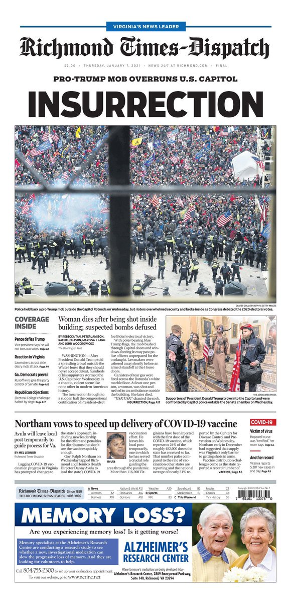 These are the newspapers’ front pages following the insurrection at the U.S. Capitol on Jan. 6, 2021. Please send me the ones that I’m missing. I’ll add more as they become available.7/