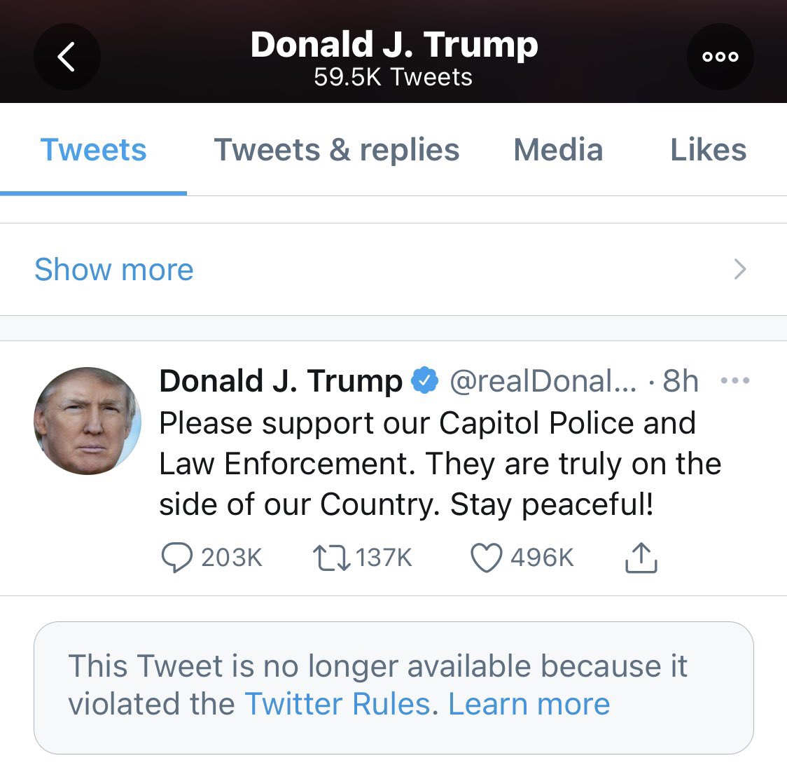 GALeighAnn's tweet photo. So asking people to support Police and Law Enforcement and to stay peaceful violates Twitter Rules? 🤔

#IStandWithTrump #MyPresident #StopTheSteaI2021 #Freedom https://t.co/hdh14Nga8G