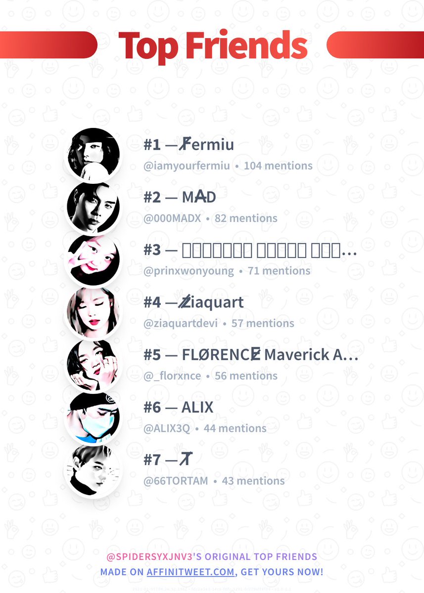 ✨ Top Friends

🥇 @iamyourfermiu
🥈 <a href="/000MADX/">m</a>
🥉 @prinxwonyoung
🏅 <a href="/ziaquartdevi/">z̷̸iaquart</a>
🏅 <a href="/_florxnce/">𝐧𝐞𝐰𝐧</a>
🏅 @ALIX3Q
🏅 @66TORTAM

➡️ affinitweet.com/top-friends
