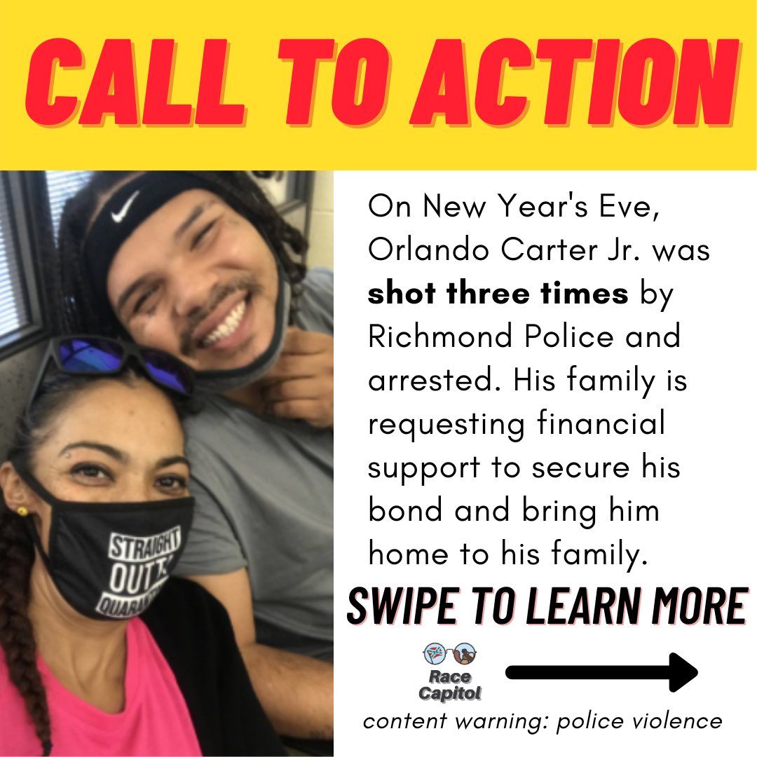 URGENT CALL TO ACTION: *content warning: police violence* On New Year’s Eve, Richmond Police shot a Orlando Carter Jr. 3 times and then arrested him. Please check out this thread to learn more about how to help and RT to spread the word. (1/3)