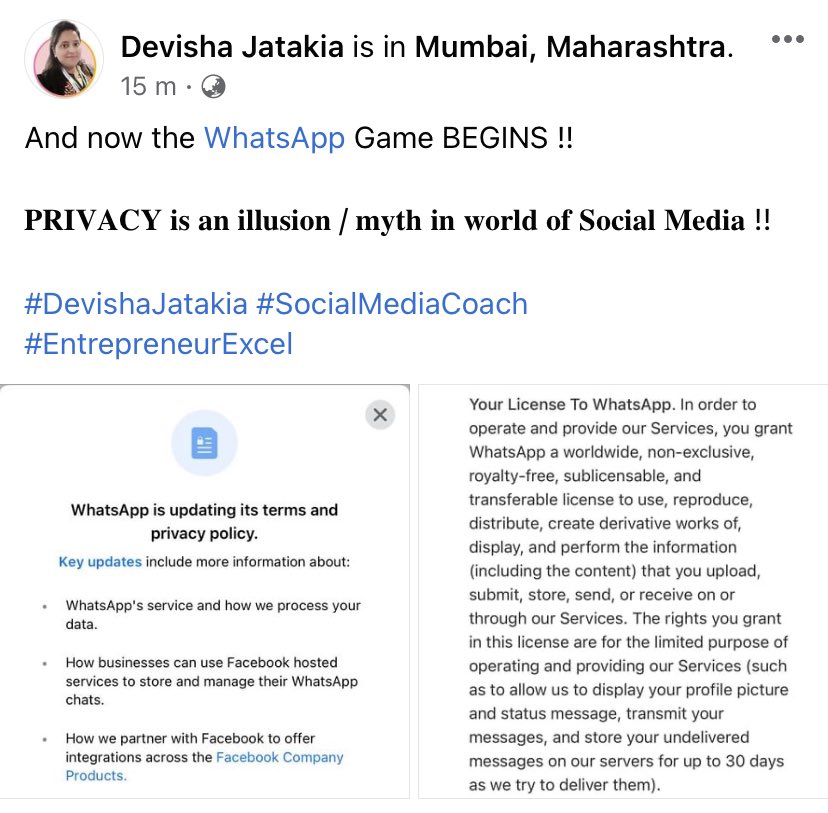 devishajatakia's tweet image. And now the WhatsApp Game BEGINS !! 

𝐏𝐑𝐈𝐕𝐀𝐂𝐘 𝐢𝐬 𝐚𝐧 𝐢𝐥𝐥𝐮𝐬𝐢𝐨𝐧 / 𝐦𝐲𝐭𝐡 𝐢𝐧 𝐰𝐨𝐫𝐥𝐝 𝐨𝐟 𝐒𝐨𝐜𝐢𝐚𝐥 𝐌𝐞𝐝𝐢𝐚 !!

#DevishaJatakia #SocialMediaCoach #EntrepreneurExcel #WhatsappPrivacy
