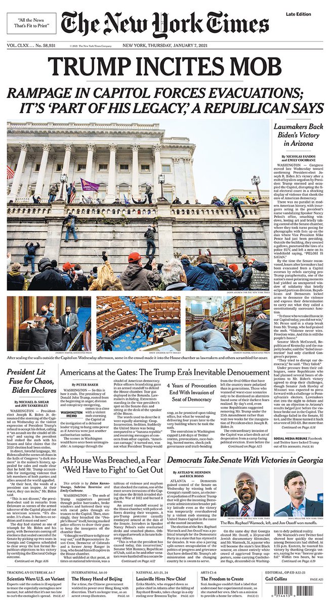 These are the newspapers’ front pages following the insurrection at the U.S. Capitol on Jan. 6, 2021. Please send me the ones that I’m missing. I’ll add more as they become available.11/