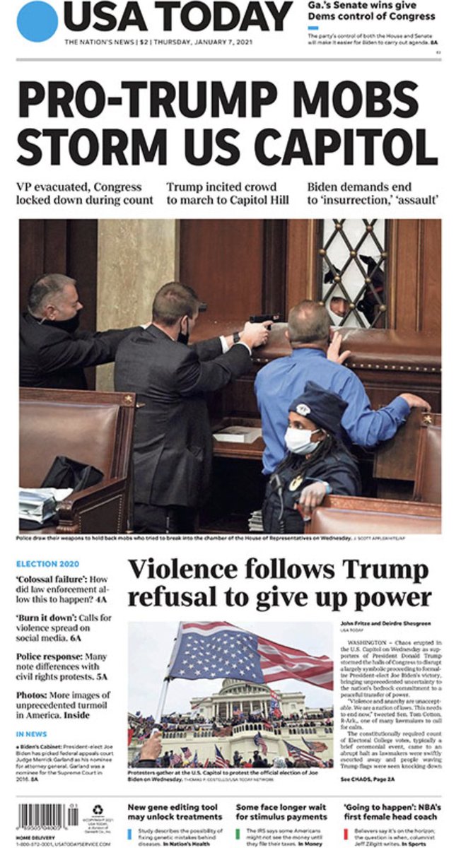 A roundup of some of tomorrow’s historic front pages after a pro-Trump mob stormed the U.S. Capitol (thread) 1/