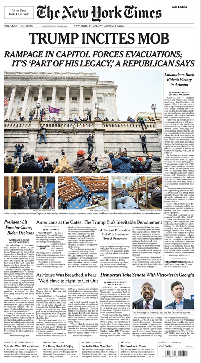 A roundup of some of tomorrow’s historic front pages after a pro-Trump mob stormed the U.S. Capitol (thread) 1/