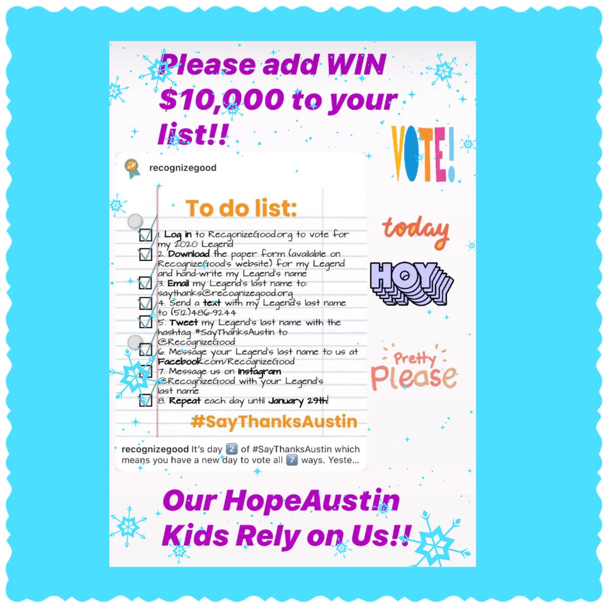 Add winning $10,000 to support students in need to your to do list!! Our 2,000 students rely upon us each weekend to provide food security.  Plz vote 7 times each day now through January 29th. Thanks so much!!