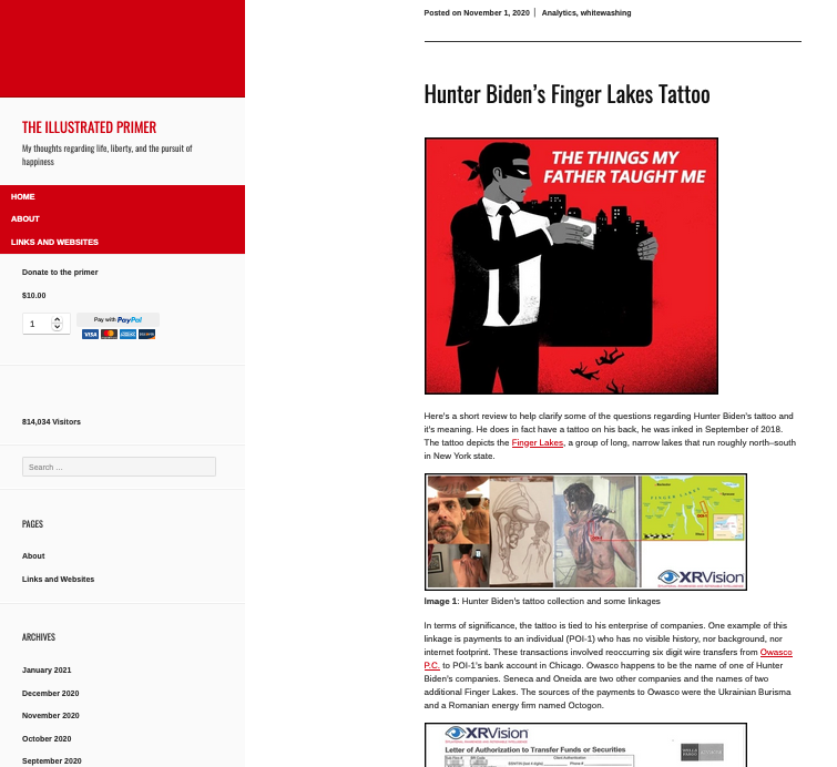 Alright, let's click on a link from the LinkedIn page and we're at the article...on a Wordpress blog page. Fortunately, his "copyright" has his, "Yaacov Apelbaum" namehttps://apelbaum(.)wordpress(.)com/2020/11/01/hunter-bidens-finger-lakes-tattoo/ 5/10