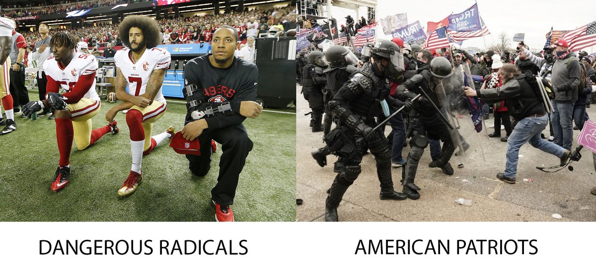 If you're white you can wave the stars and stripes and freely attack the US and its norms, just don't show your radicalism by kneeling in front of it in black skin.

#CapitolBuilding