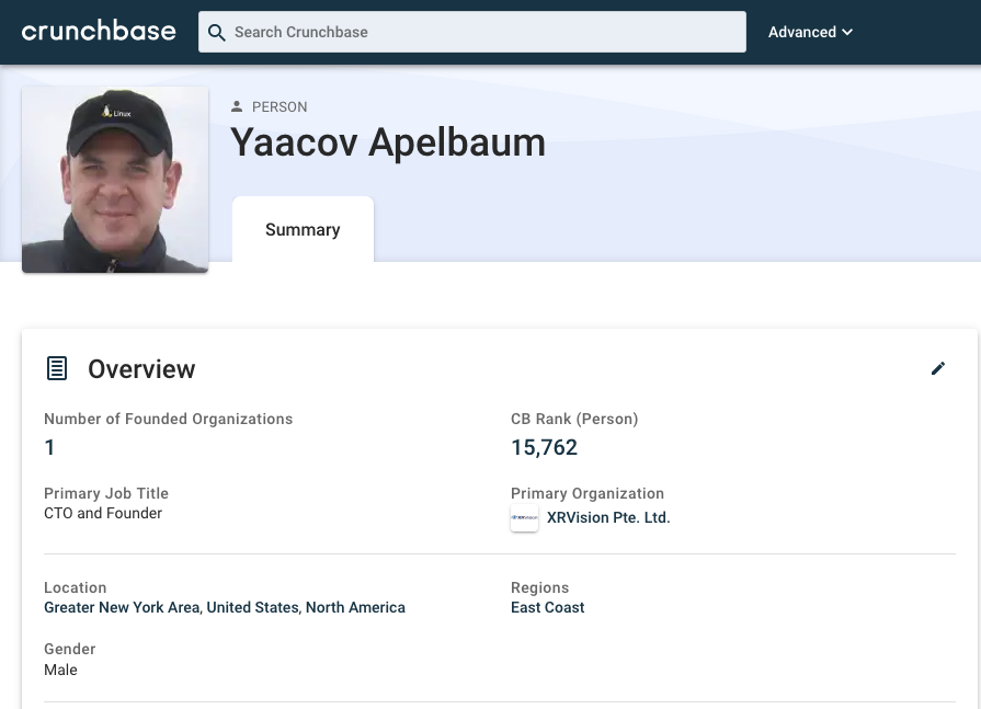 Hi Yaacov. Crunchbase has him as CTO and Founder of XRVision, but Pte. Ltd., so Singapore? 7/10