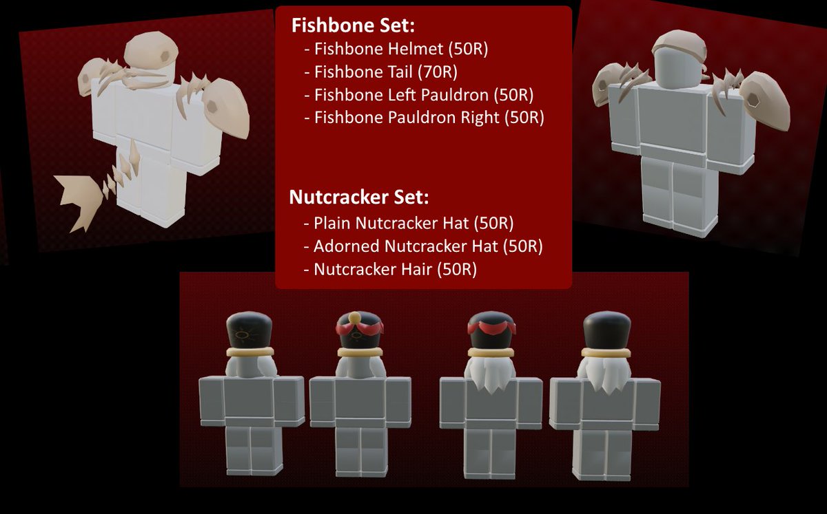 Wolfragon On Twitter Just Uploaded Some Cool New Hats We Got The Fishbone Set And The Nutcracker Set Available Now On The Catalog Check Them Out Here Https T Co Mjiuk7bjux Roblox Robloxugc Robloxdev Https T Co Axybglaxst - how to upload a hat to roblox catalog