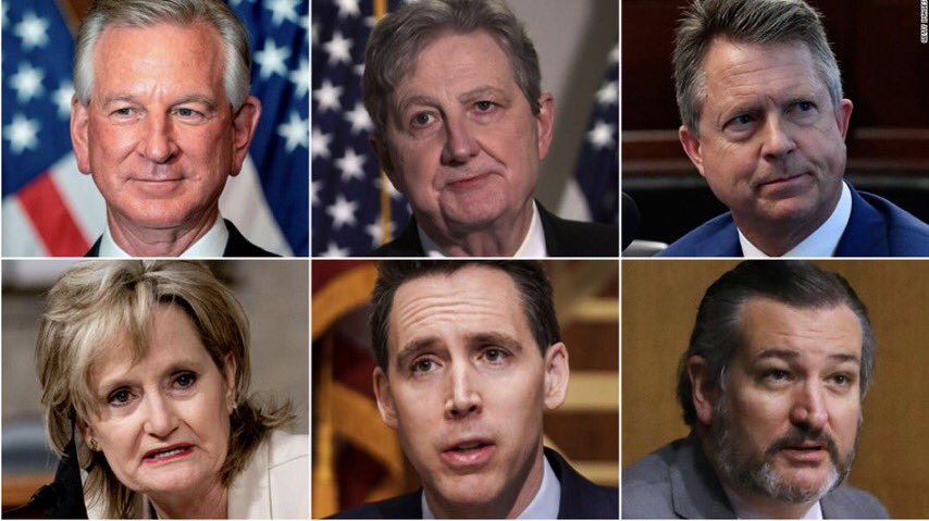 堅持到底的六名參議員：
Sen. Ted Cruz
Sen. Josh Hawley
Sen. Cindy Hyde-Smith
Sen. Roger Marshall
Sen. John Kennedy 
Sen. Tommy Tuberville
注：歷史將永遠記住偉大的您們！🙏
