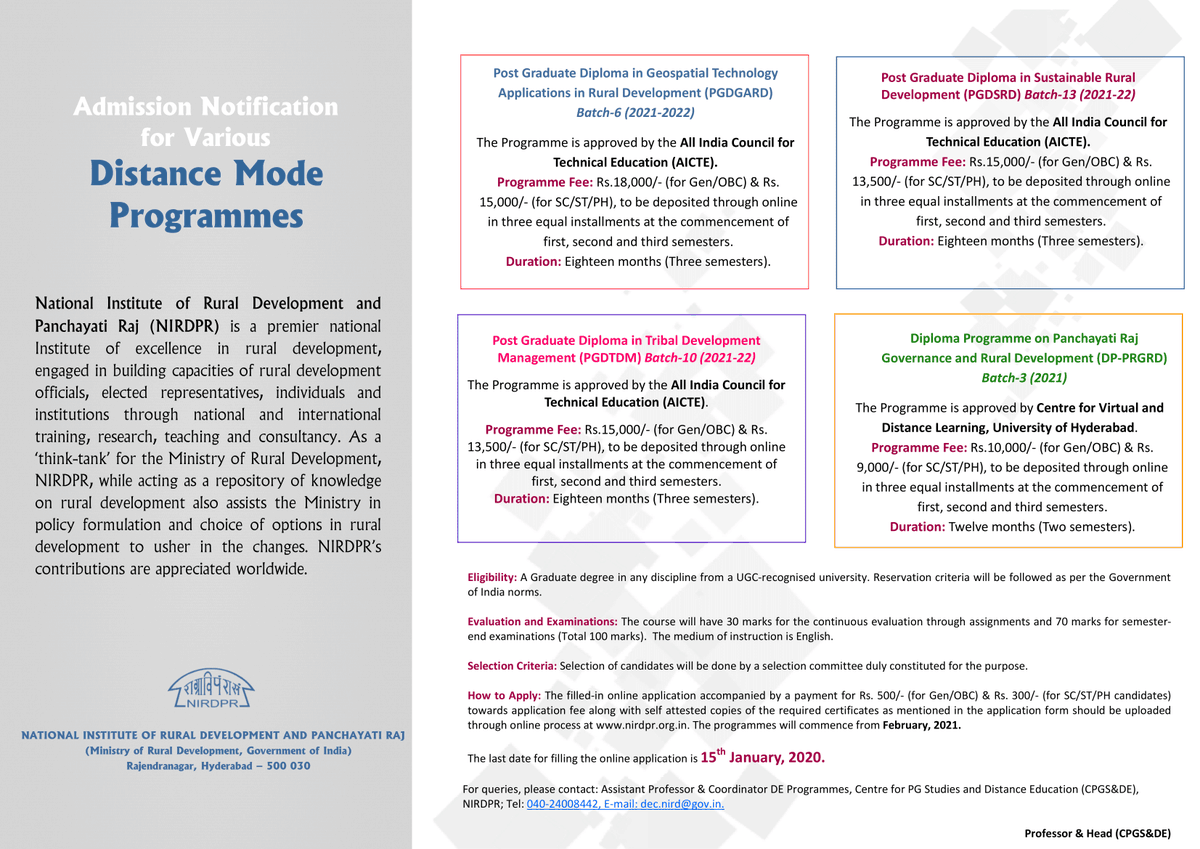 NIRDPR_India's tweet photo. #AdmissionOpen for #DistanceMode Programmes at NIRDPR
+PG Diploma in-
#Geospatial Technology Applications in #RuralDevelopment
#TribalDevelopment Management
#Sustainable #RuralDevelopment
+Diploma in
#PanchayatiRaj Governance & Rural Development
https://t.co/JmFWQzlFsk https://t.co/4RbL6fon3Q