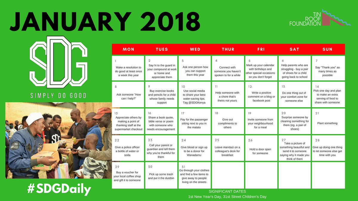 TRF_EA's tweet photo. Today we're throwing it back to January 2018 when we launched our first #SDGDaily Calendar. If you're looking for inspiration for #intentionalactsofkindness for this month, there are lots of ideas on here!
#TBT #simplydogood https://t.co/KQTVv5RVsc