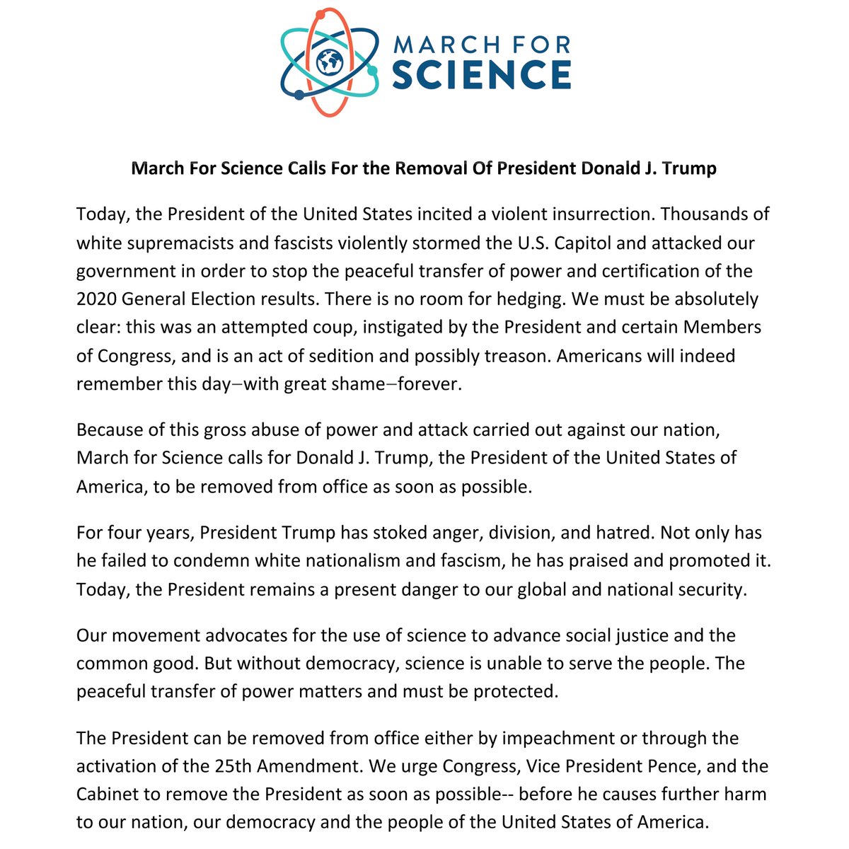 🚨 STATEMENT: March For Science Calls For the Removal Of President Donald J. Trump