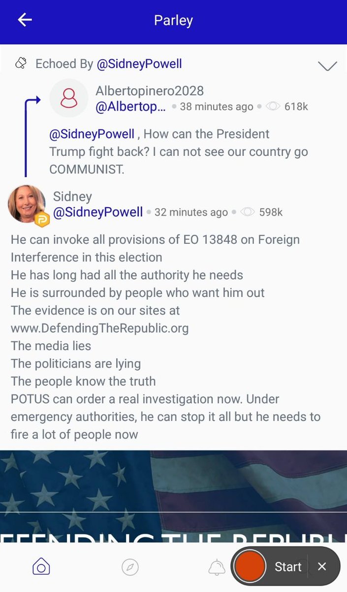 9/ On Parler Sidney Powell is still of the mind that there is some constitutional and legal witchcraft available to Trump to over turn the election result.
