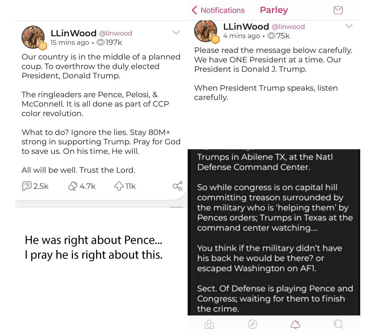 4/ LLinWood living in his magical land of constitutional witchcraft believes that what we saw today was a planned coup to overthrow Donald Trump and Pence was at the head of this coup (CodeMonkeyZ is a nother who pushes this disinformation).