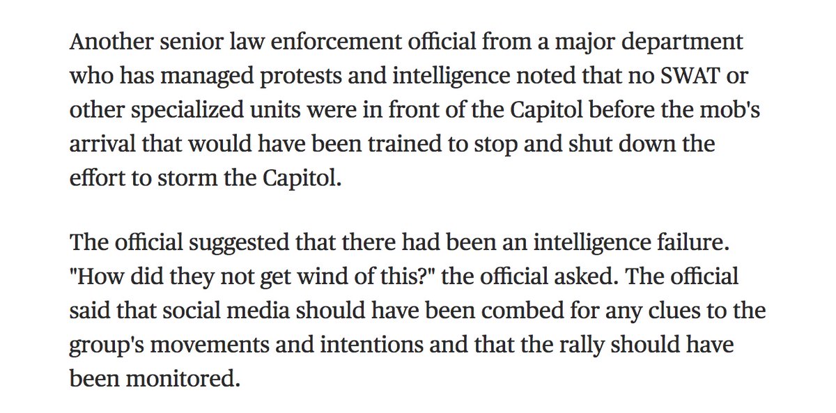 An intel failure? NahMedia reporting on intent of far-right militias was sound & robust @FBI &  @DHSgov knewNo mounted Park PoliceNo National Guard in Humvees guarding  @USCapitolNo 10' fence, like for Confederate statues.Some  @CapitolPolice let them in https://www.nbcnews.com/news/crime-courts/law-enforcement-officials-across-u-s-shocked-police-failure-stop-n1253193