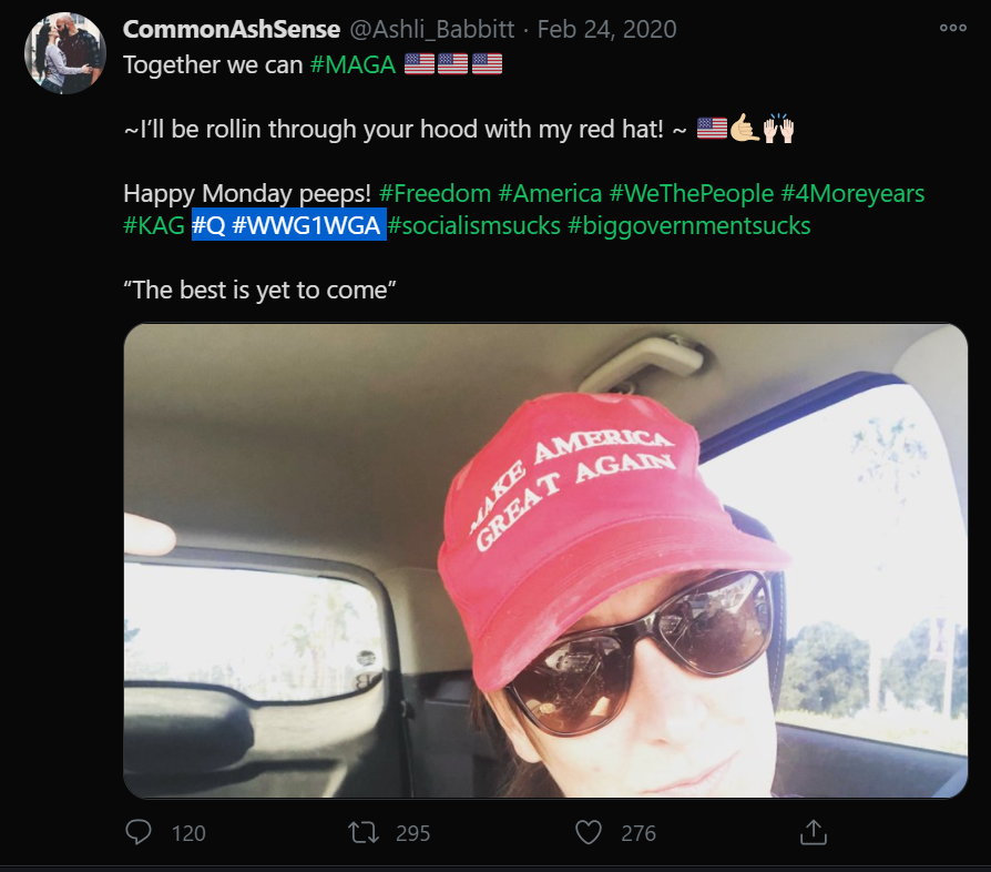 Since February she's been tagging posts with QANON terms quite frequently.