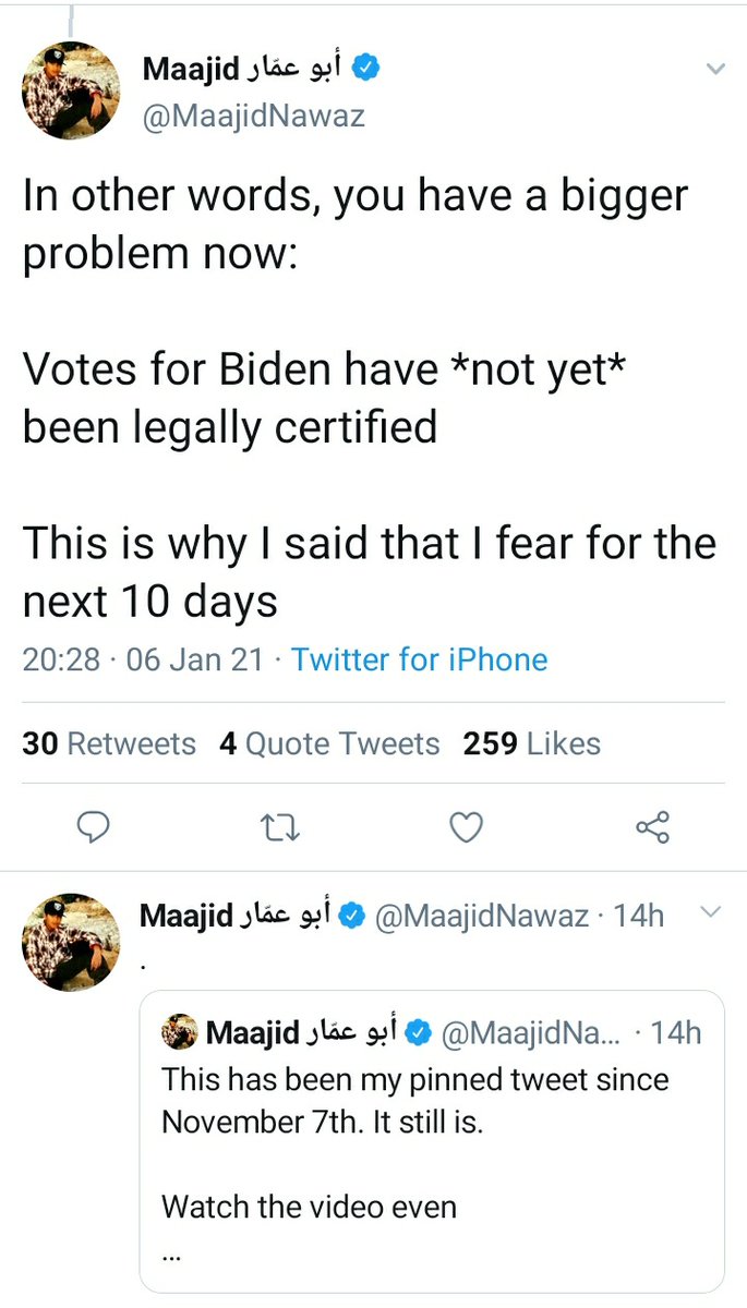 After the rioting, his analysis was that the Wisconsin & Pennsylvania state legislatures could now decertify the EC slates. He later realised Congress might proceed. (He'd never previously noticed how House/Senate majorities to certify made his 1876 deadlock claims obvs wrong)