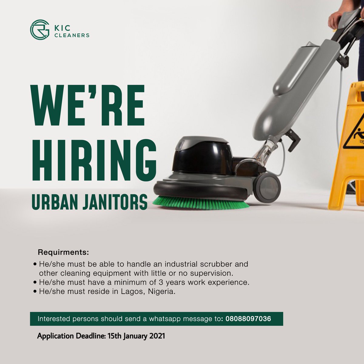 kiccleaners's tweet photo. We are an urban janitorial services company based in Lagos, Nigeria. And we're currently hiring urban janitors who understand the importance of promoting a green and clean approach to the living and working environment.... https://t.co/V1cSB9LAzs