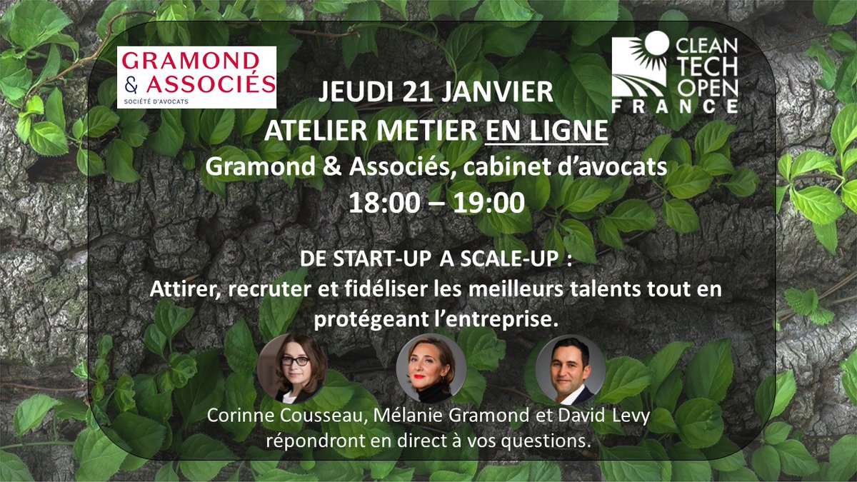 🗓️[WEBINAIRE] Jeudi 21 janvier 18h00 - 19h00
Comment recruter et fidéliser les meilleurs #talents tout en protégeant son #entreprise, ne ratez pas notre atelier métier organisé avec notre #partenaire, le cabinet GRAMOND &amp; ASSOCIES

👉Inscrivez-vous sur bit.ly/2MygzoC