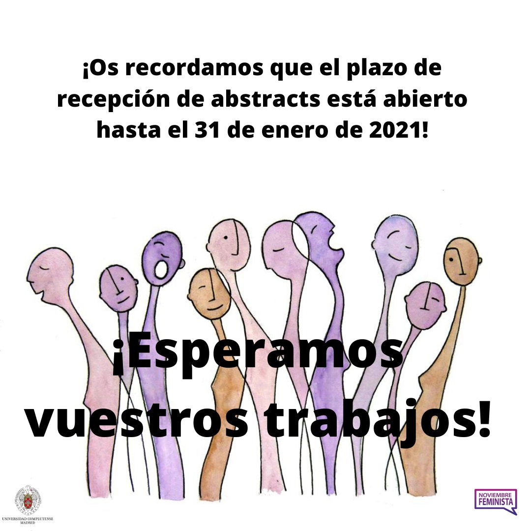 NFeminista's tweet photo. Os recordamos que  hasta el día 31 de enero de 2021 podéis enviarnos vuestros abstrats para participar en la IV edición del Noviembre Feminista.  Podéis mandarlos a través del formulario en el siguiente enlace: https://t.co/Kel4YuqwV1   ¡Esperamos vuestros trabajos! https://t.co/xVFQoUBGBo
