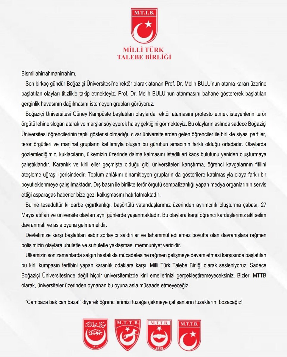 mttborgtr's tweet photo. MTTB olarak, üniversiteler üzerinden oynanan bu oyuna asla müsaade etmeyeceğiz.

Karanlık odaklara karşı, Milli Türk Talebe Birliği olarak sesleniyoruz; Sadece Boğaziçi Üniversitesinde değil hiçbir üniversitemizde kirli emellerinizi gerçekleştiremeyeceksiniz. https://t.co/AjSaCFzPq8