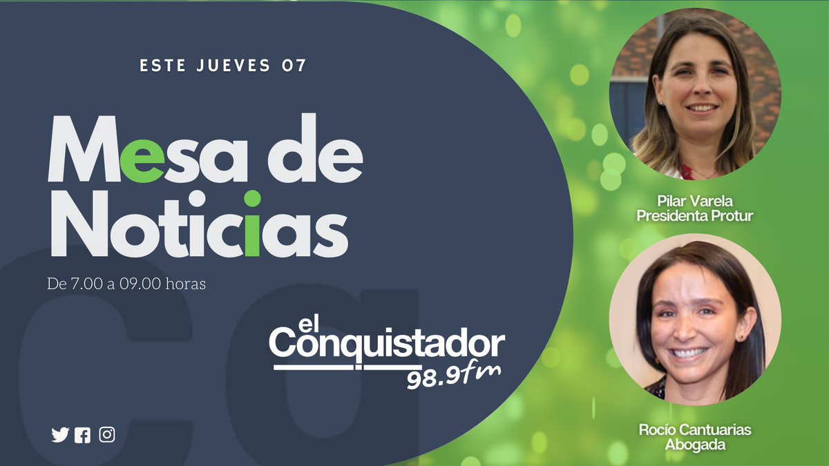 ConquistadorCCP's tweet photo. Hoy en #MesadeNoticias estaremos conversando con Pilar Varela @pvarelal, presidenta Protur @proturbn. También hablaremos con la abogada Rocío Cantuarias. 📻Escúchanos en el 98.9 FM Concepción, 92.9 FM Chillán y 91.1 FM Los Ángeles/Angol. https://t.co/M1yoEch8A2