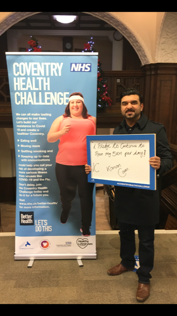 coventrycc's tweet photo. What #onething will you pledge to improve about your physical health for the #CoventryHealthChallenge? 
Our Cabinet Member for Public Health and Sport, Councillor Kamran Caan has made his pledge.
Get involved and share your goals with us: https://t.co/REBeyuNdpE https://t.co/uKd3fEpRAl