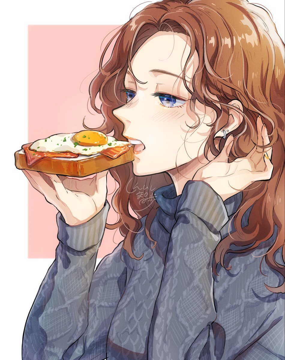 1girl solo fried egg food egg (food) pink background brown hair  illustration images