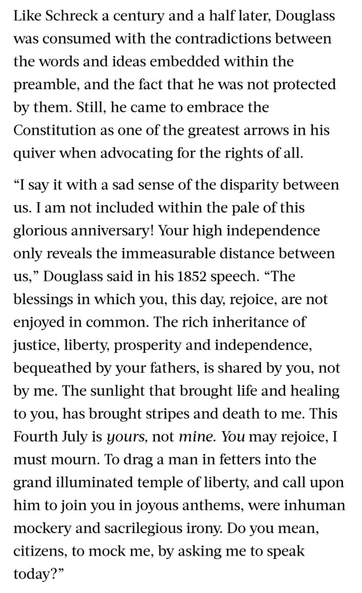 Frederick Douglass, in 1852:"To drag a man in fetters into the grand illuminated temple of liberty, and call upon him to join you in joyous anthems, were inhuman mockery and sacrilegious irony. Do you mean, citizens, to mock me...?” https://theundefeated.com/features/what-the-constitution-means-to-us/