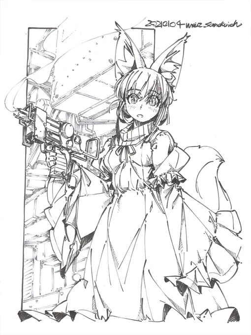 線画。筆ペンの先がそろそろ限界で、細い線が描けなくなってきたので、この絵で取り換え。インクがあってもペン先が痛んだ場合は換えよう。 