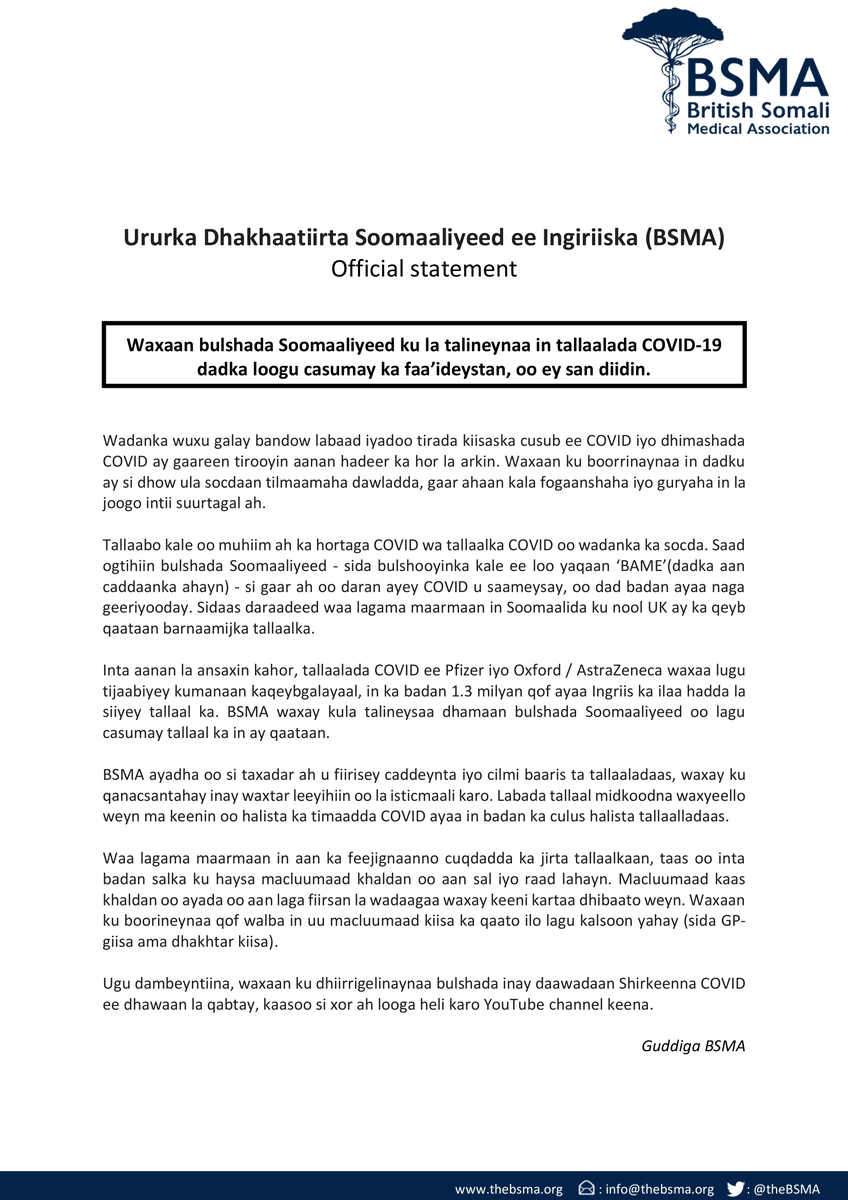 TheBSMA's tweet photo. The BSMA recommends the approved COVID-19 vaccines for all eligible individuals from the Somali community living in the United Kingdom, and warns the community against the dangers of misinformation. Here is our official statement: https://t.co/qyCXmQbkjL