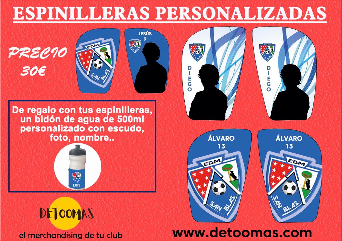 🔜 Después de las Navidades la competición está a la vuelta de la esquina

💪🏽 Equípate para esos partidos con las espinilleras de tu equipo

🛡️ <a href="/EDMSanBlas/">E.D.M. San Blas</a> 

💸 30€

⚽️ Más equipos <a href="/CDMagerit/">CD Magerit</a>, <a href="/CDCanillas/">CD Canillas</a>...

🎁 Bidón de agua

😍 Más productos

👇🏽👇🏽👇🏽

💻 detoomas.com