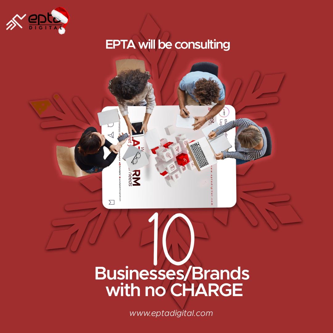 Epta Digital Agency launched exactly a Month ago and in line with that we would be giving Brand Consultancy to 10 Business or Brands with NO Charge.  

#branding #business #brand #brandstrategy #brandconsultancy