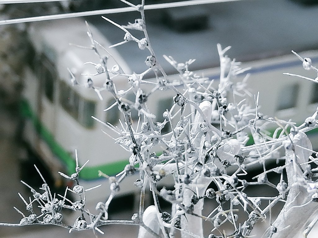 ケースジオラマで雪景色です。冬の雰囲気が出ています